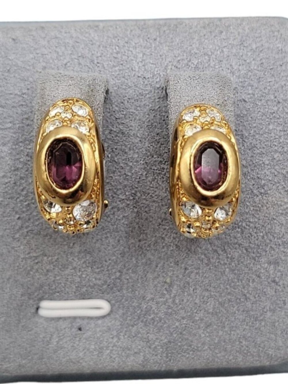 Vintage Swarovski Signed Gold Plated Amethyst Crystal Pavé Dome Clip-On Earrings